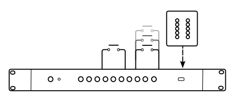Diagram of emergency buttons and a 10Scene Wall Panel connected to a QuickQ Rack